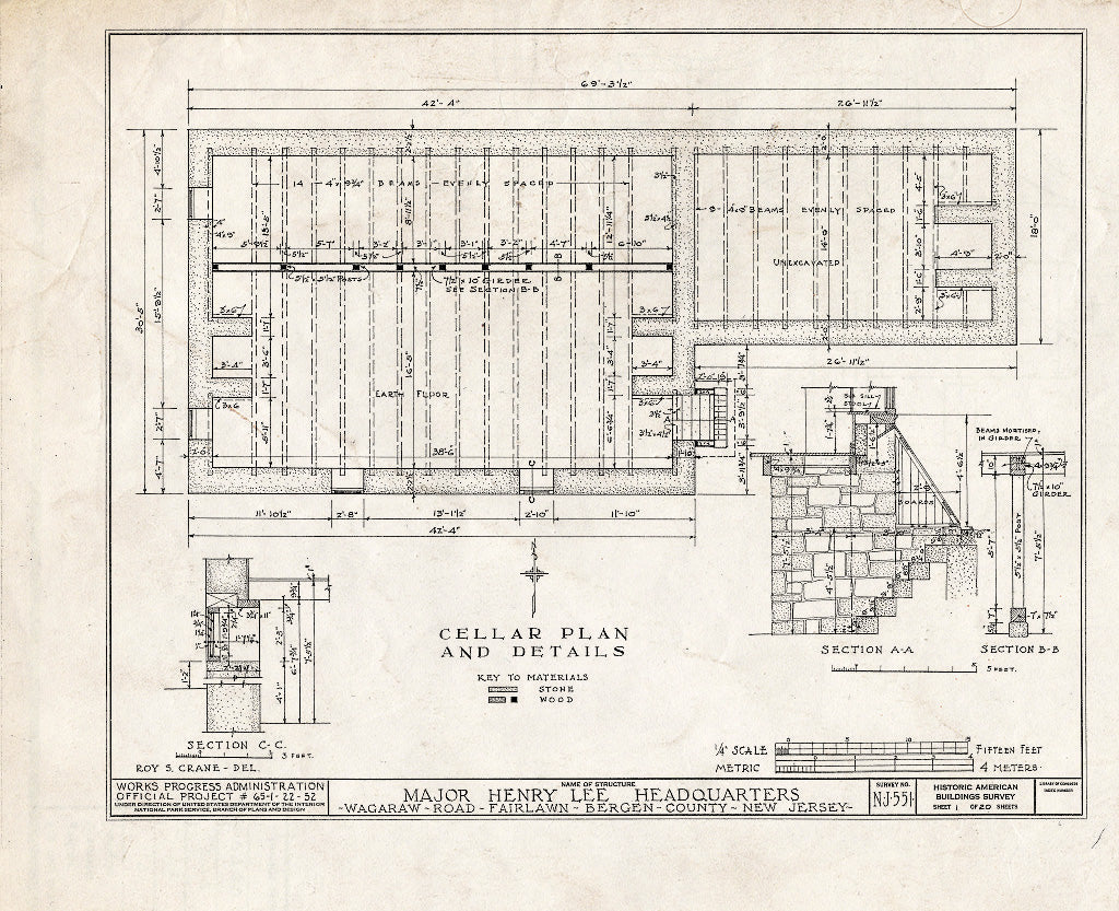 Historic Pictoric : Blueprint HABS NJ,2-FAIR,3- (Sheet 1 of 20) - Major Henry Lee Headquarters, Wagaraw Road, Fair Lawn, Bergen County, NJ