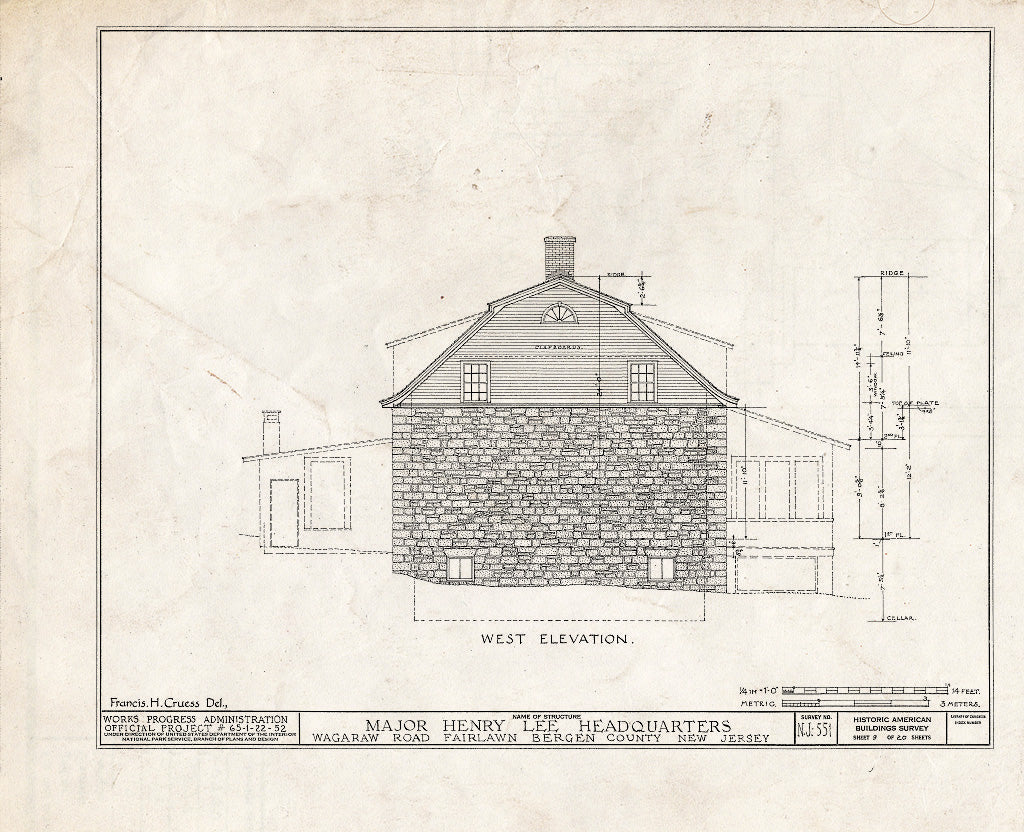 Historic Pictoric : Blueprint HABS NJ,2-FAIR,3- (Sheet 9 of 20) - Major Henry Lee Headquarters, Wagaraw Road, Fair Lawn, Bergen County, NJ