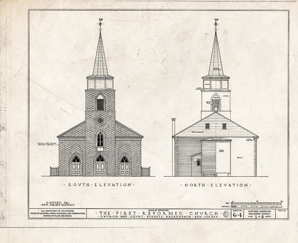 Historic Pictoric : Blueprint HABS NJ,2-HACK,1- (Sheet 1 of 8) - First Reformed Church of Hackensack, Church & Court Streets, Hackensack, Bergen County, NJ