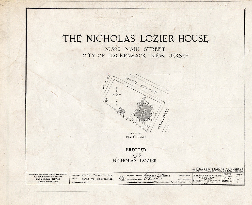 Historic Pictoric : Blueprint HABS NJ,2-HACK,5- (Sheet 0 of 9) - Nicholas Lozier House, 393 Main Street, Hackensack, Bergen County, NJ