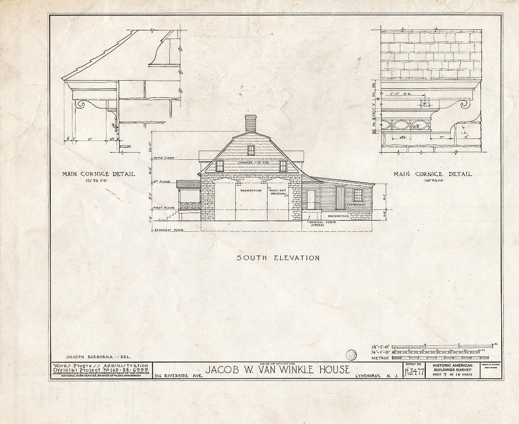 Historic Pictoric : Blueprint HABS NJ,2-LYND,1- (Sheet 7 of 16) - Jacob W. Van Winkle House, 316 Riverside Avenue, Lyndhurst, Bergen County, NJ