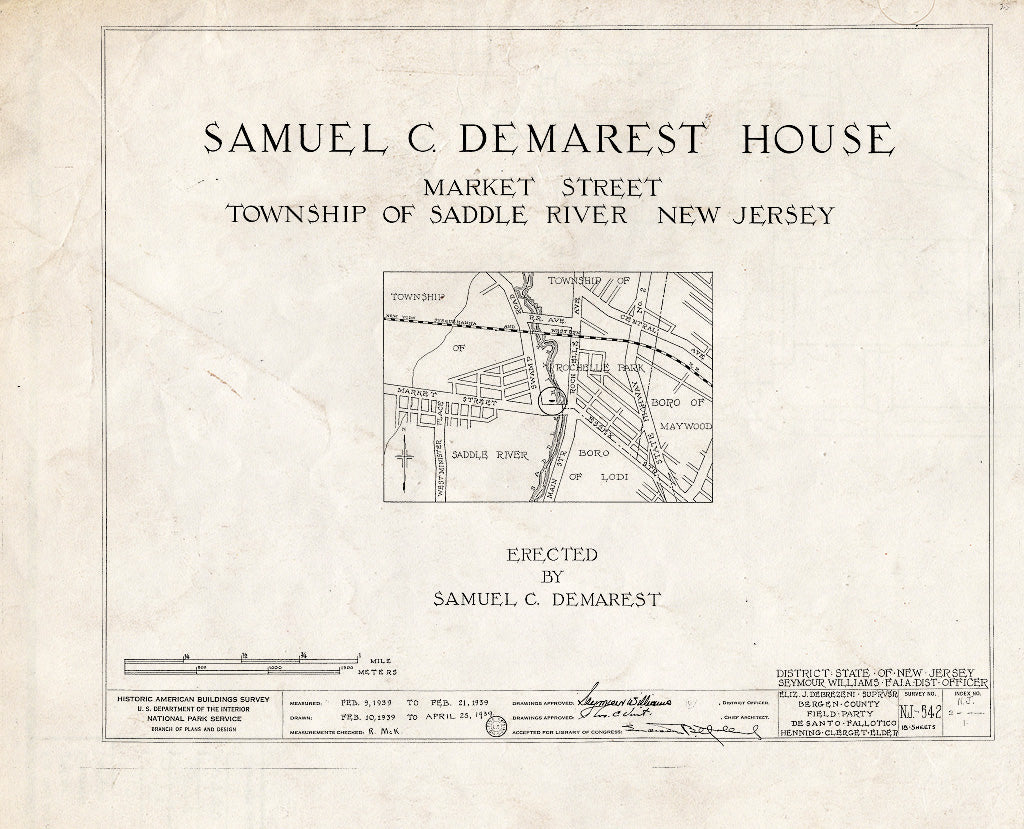 Historic Pictoric : Blueprint HABS NJ,2-,1- (Sheet 0 of 18) - Samuel C. Demarest House, 511 Market Street, Saddle River, Bergen County, NJ