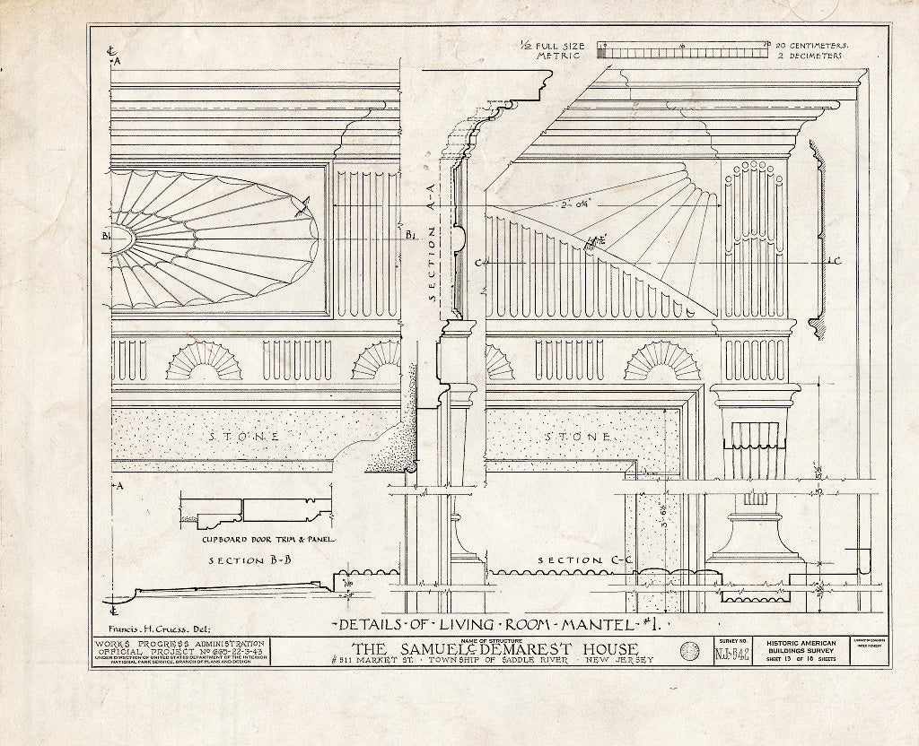Historic Pictoric : Blueprint HABS NJ,2-,1- (Sheet 13 of 18) - Samuel C. Demarest House, 511 Market Street, Saddle River, Bergen County, NJ