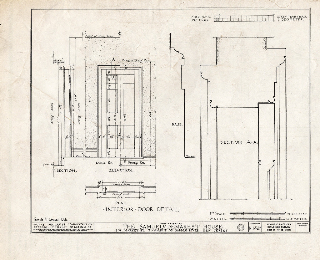 Historic Pictoric : Blueprint HABS NJ,2-,1- (Sheet 15 of 18) - Samuel C. Demarest House, 511 Market Street, Saddle River, Bergen County, NJ