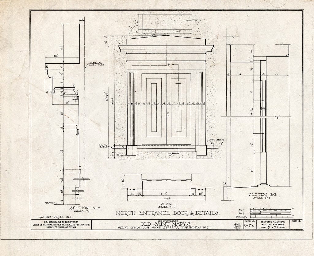 Historic Pictoric : Blueprint HABS NJ,3-BURL,1- (Sheet 9 of 21) - Old St. Mary's Church, West Broad & Wood Streets, Burlington, Burlington County, NJ