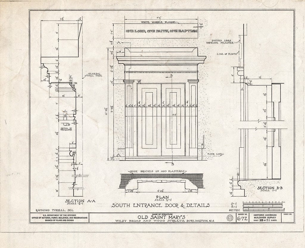 Historic Pictoric : Blueprint HABS NJ,3-BURL,1- (Sheet 10 of 21) - Old St. Mary's Church, West Broad & Wood Streets, Burlington, Burlington County, NJ