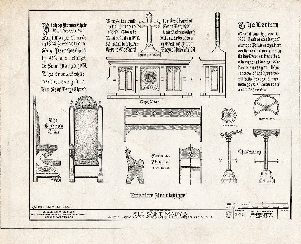 Historic Pictoric : Blueprint HABS NJ,3-BURL,1- (Sheet 20 of 21) - Old St. Mary's Church, West Broad & Wood Streets, Burlington, Burlington County, NJ