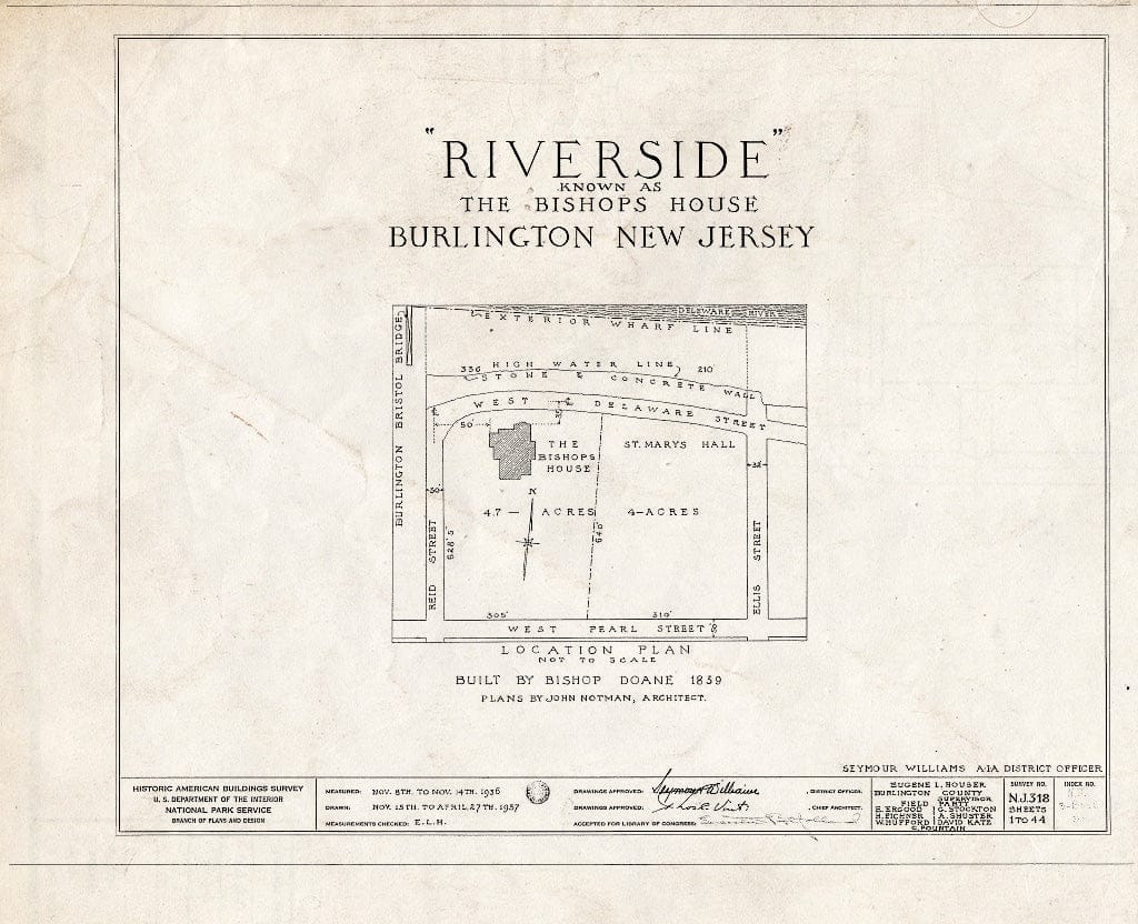 Historic Pictoric : Blueprint HABS NJ,3-BURL,3- (Sheet 0 of 44) - Riverside, West Delaware Street, Burlington, Burlington County, NJ