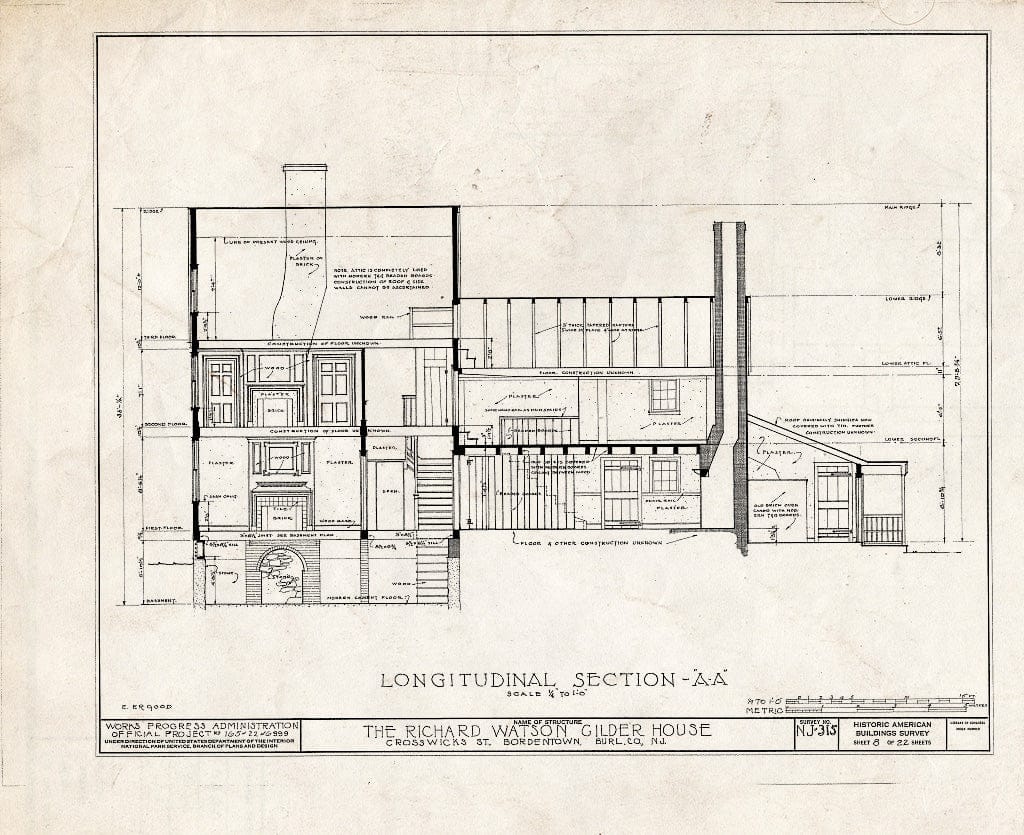 Historic Pictoric : Blueprint HABS NJ,3-Bord,4- (Sheet 8 of 22) - Richard Watson-Gilder House, Bordentown, Burlington County, NJ