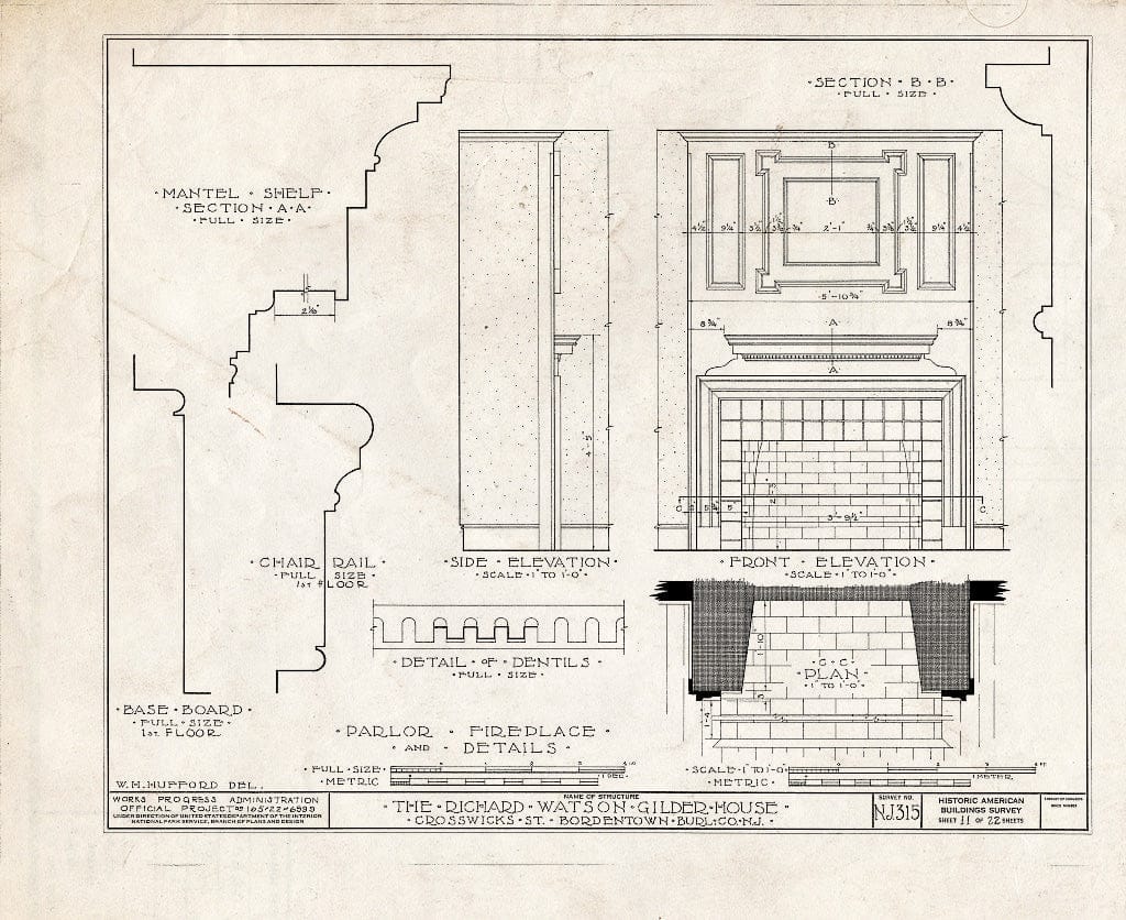 Historic Pictoric : Blueprint HABS NJ,3-Bord,4- (Sheet 11 of 22) - Richard Watson-Gilder House, Bordentown, Burlington County, NJ