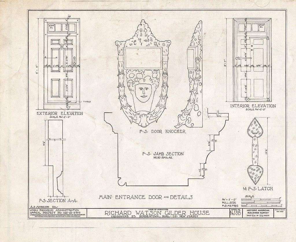 Historic Pictoric : Blueprint HABS NJ,3-Bord,4- (Sheet 20 of 22) - Richard Watson-Gilder House, Bordentown, Burlington County, NJ