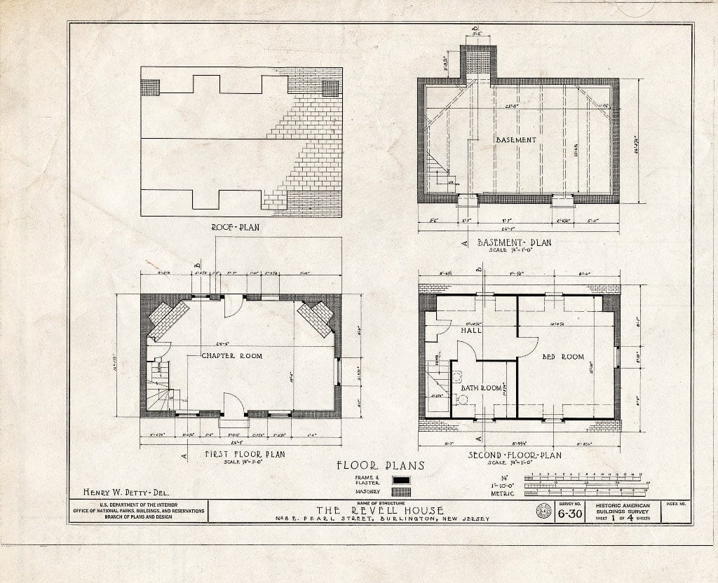 Historic Pictoric : Blueprint HABS NJ,3-BURL,5- (Sheet 1 of 4) - Hutchinson-Revell House, 8 East Pearl Street, Burlington, Burlington County, NJ