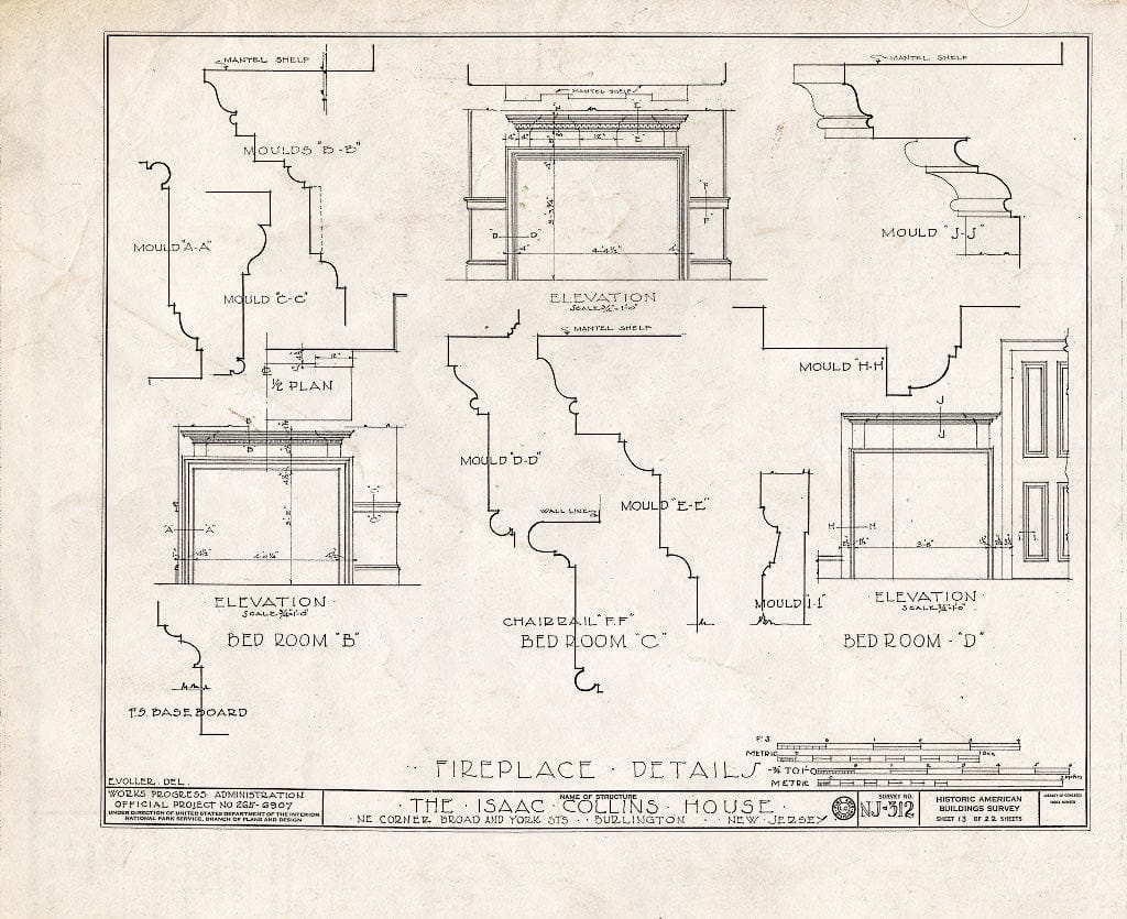 Historic Pictoric : Blueprint HABS NJ,3-BURL,8- (Sheet 13 of 22) - Isaac Neale-Collins House, Broad & York Streets, Burlington, Burlington County, NJ