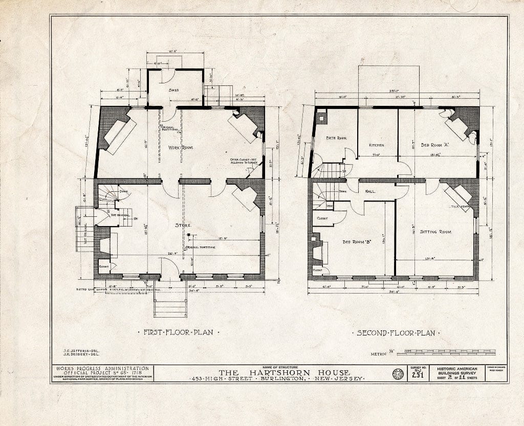 Historic Pictoric : Blueprint HABS NJ,3-BURL,15- (Sheet 2 of 11) - Hartshorn Pearson-How House, 453 High Street, Burlington, Burlington County, NJ