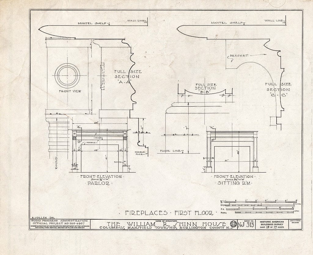 Historic Pictoric : Blueprint HABS NJ,3-COLU,1- (Sheet 15 of 17) - William R. Atkinson-Shinn House, Route 39, Columbus, Burlington County, NJ