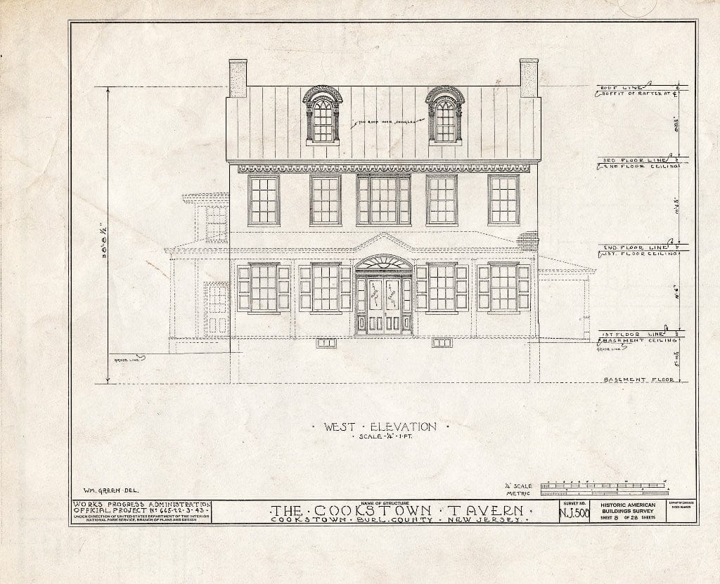 Historic Pictoric : Blueprint HABS NJ,3-Cook,1- (Sheet 8 of 28) - Cookstown Tavern, Main Street & Bunting Bridge Road, Cookstown, Burlington County, NJ