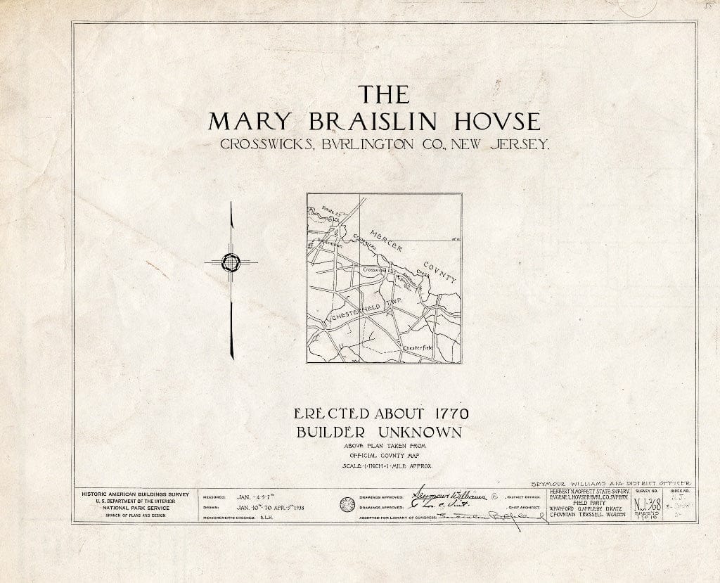 Historic Pictoric : Blueprint HABS NJ,3-CROWI,2- (Sheet 0 of 16) - Middletown-Braislin House, Main Street, Crosswicks, Burlington County, NJ