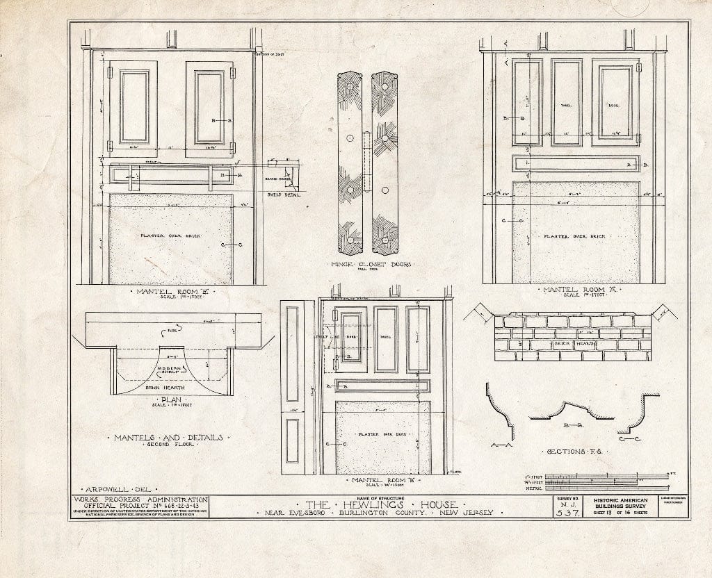 Historic Pictoric : Blueprint HABS NJ,3-EVBO.V,2- (Sheet 13 of 16) - Hewlings House, Mt. Laurel Road, Evesboro, Burlington County, NJ