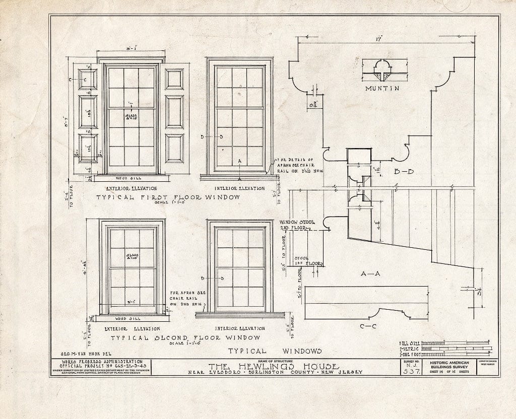 Historic Pictoric : Blueprint HABS NJ,3-EVBO.V,2- (Sheet 14 of 16) - Hewlings House, Mt. Laurel Road, Evesboro, Burlington County, NJ