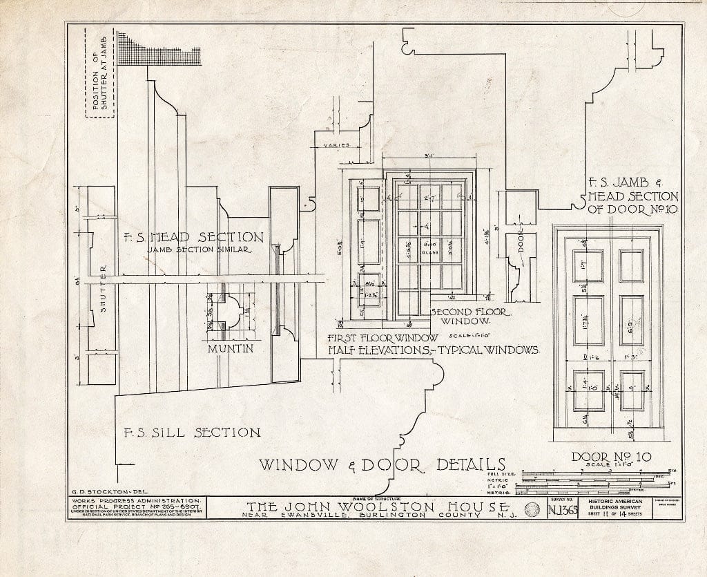 Historic Pictoric : Blueprint HABS NJ,3-EWAV.V,1- (Sheet 11 of 14) - John Woolston House, Route 39, Ewansville, Burlington County, NJ