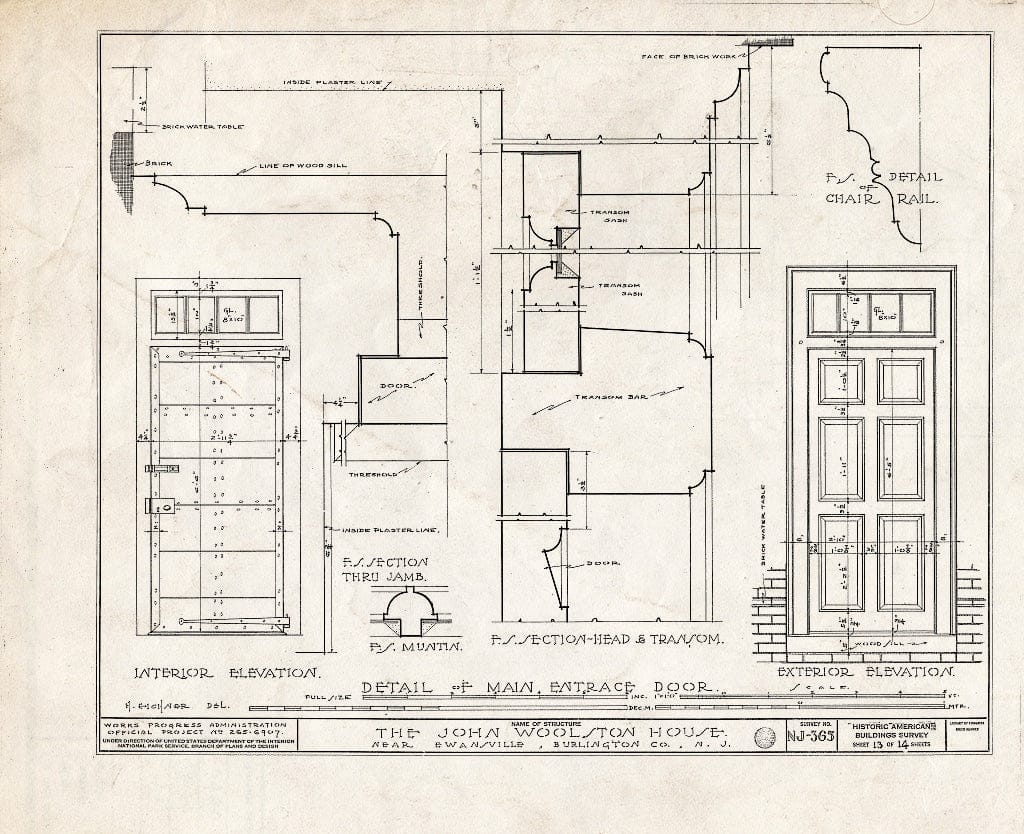 Historic Pictoric : Blueprint HABS NJ,3-EWAV.V,1- (Sheet 13 of 14) - John Woolston House, Route 39, Ewansville, Burlington County, NJ