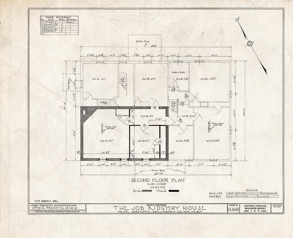 Historic Pictoric : Blueprint HABS NJ,3-JOBTO.V,1- (Sheet 3 of 8) - Job Ridgway House, Jobstown, Burlington County, NJ