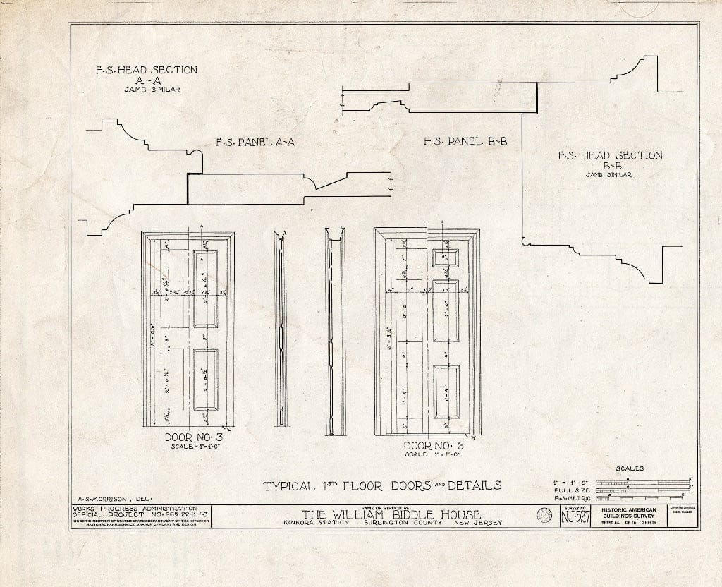 Historic Pictoric : Blueprint HABS NJ,3-Kink,1- (Sheet 14 of 16) - William Biddle House, Kinkora, Burlington County, NJ