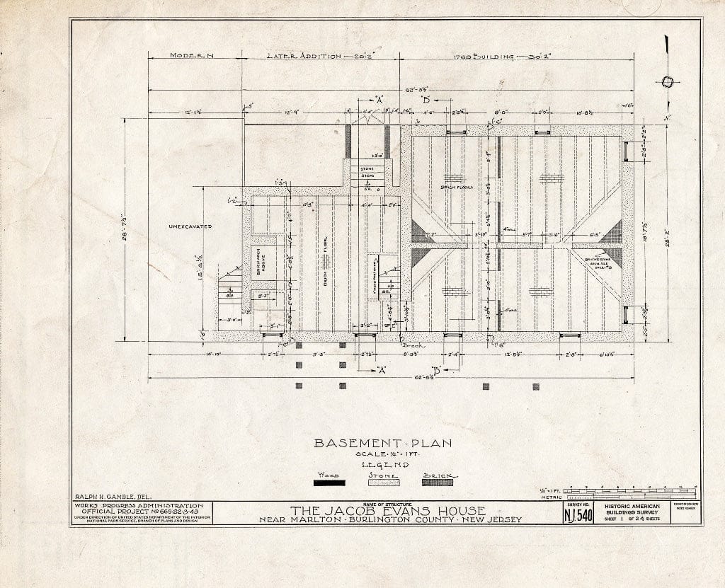 Historic Pictoric : Blueprint HABS NJ,3-MART.V,5- (Sheet 1 of 24) - Jacob Evans House, Marlton-Medford Road, Marlton, Burlington County, NJ
