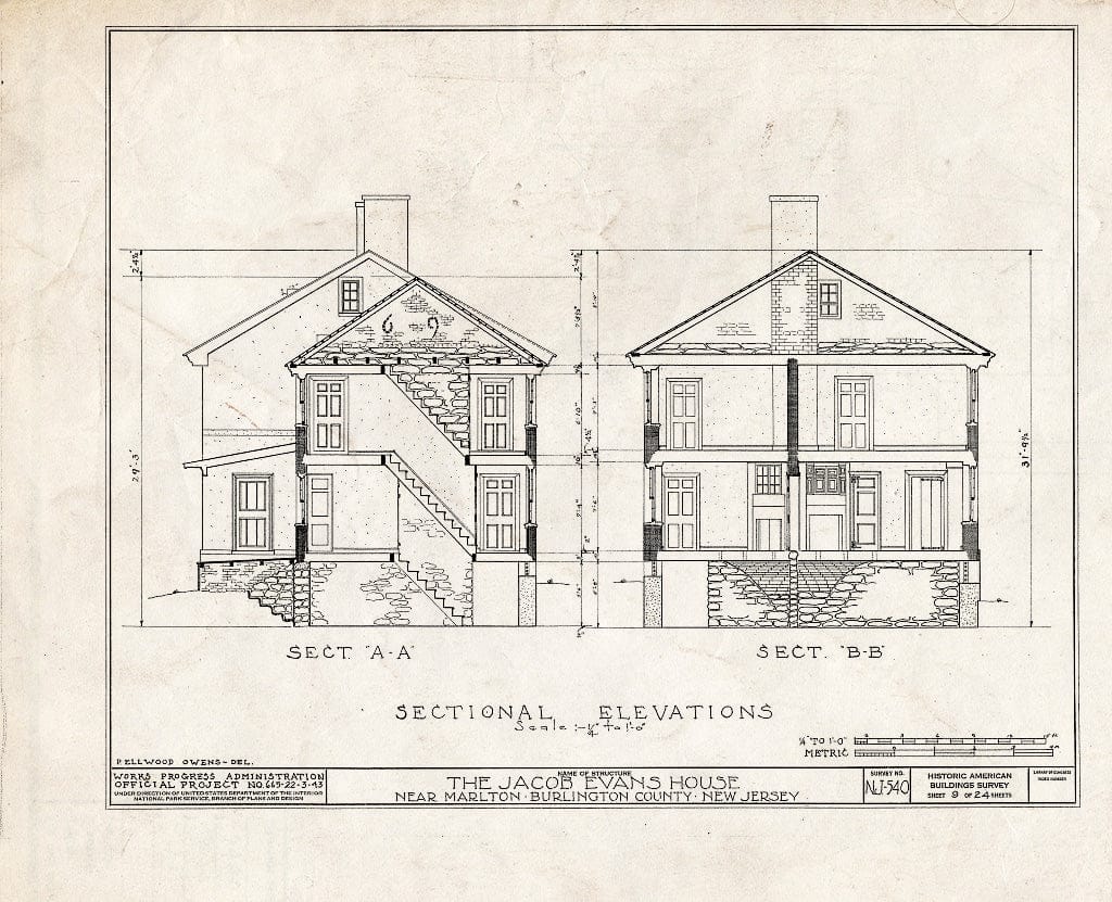 Historic Pictoric : Blueprint HABS NJ,3-MART.V,5- (Sheet 9 of 24) - Jacob Evans House, Marlton-Medford Road, Marlton, Burlington County, NJ