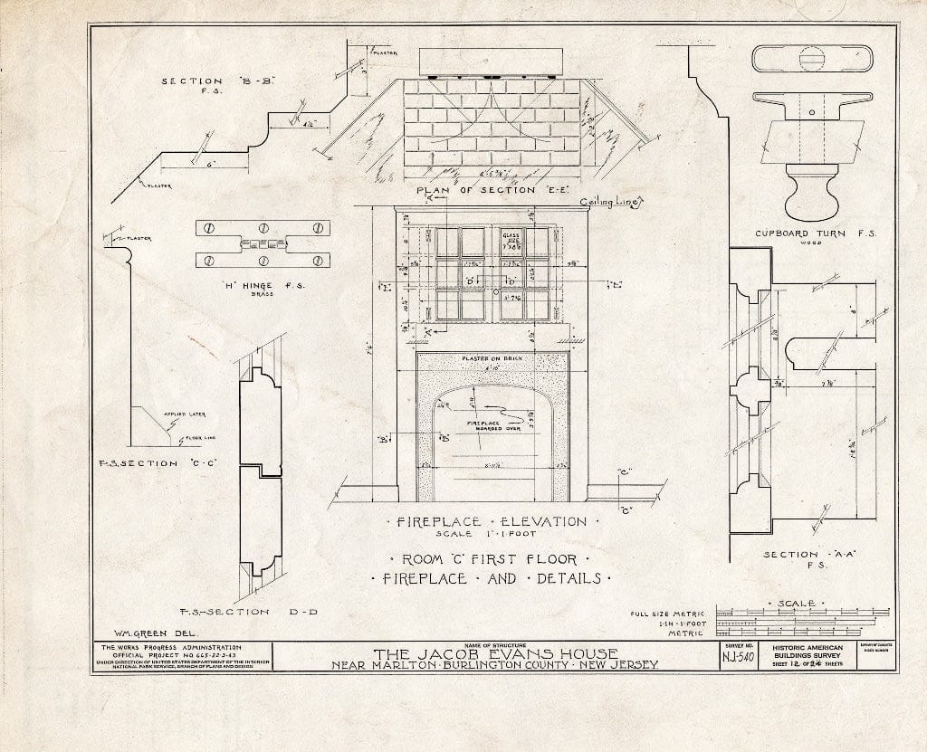 Historic Pictoric : Blueprint HABS NJ,3-MART.V,5- (Sheet 12 of 24) - Jacob Evans House, Marlton-Medford Road, Marlton, Burlington County, NJ