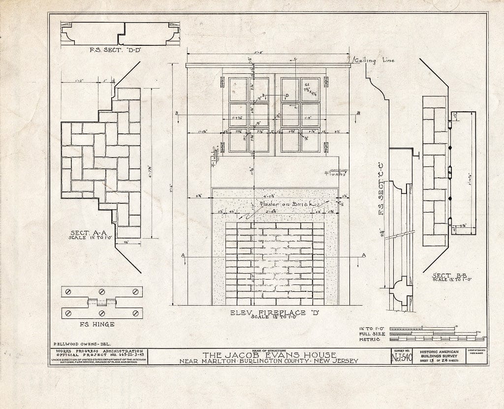 Historic Pictoric : Blueprint HABS NJ,3-MART.V,5- (Sheet 13 of 24) - Jacob Evans House, Marlton-Medford Road, Marlton, Burlington County, NJ