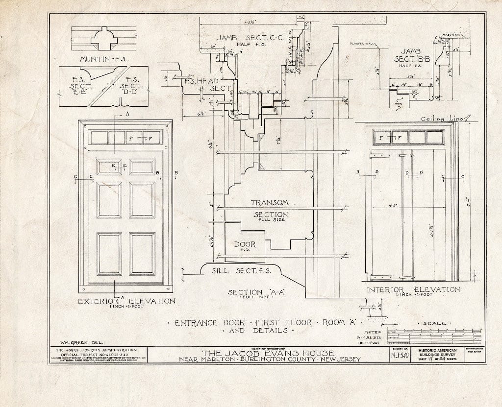 Historic Pictoric : Blueprint HABS NJ,3-MART.V,5- (Sheet 17 of 24) - Jacob Evans House, Marlton-Medford Road, Marlton, Burlington County, NJ