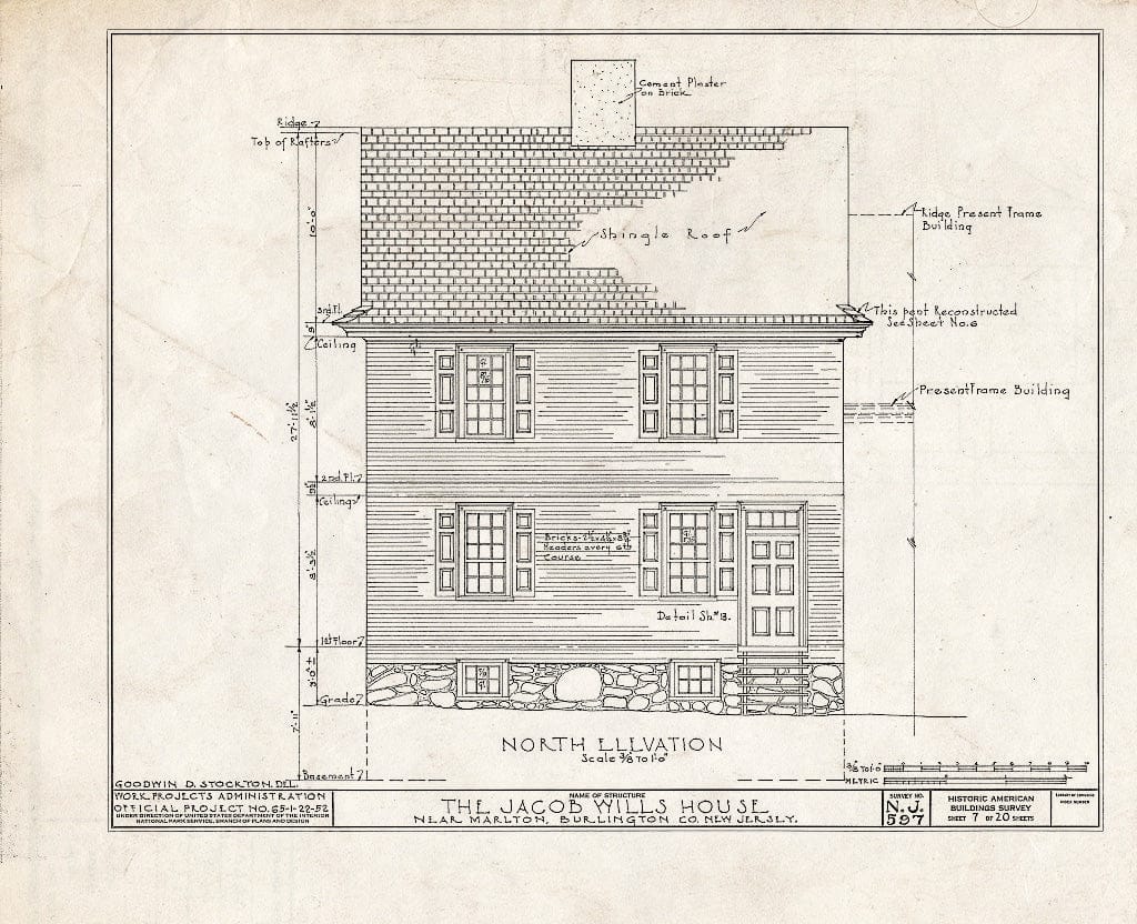 Historic Pictoric : Blueprint HABS NJ,3-MART.V,1- (Sheet 7 of 20) - Jacob Wills House, Marlton, Burlington County, NJ