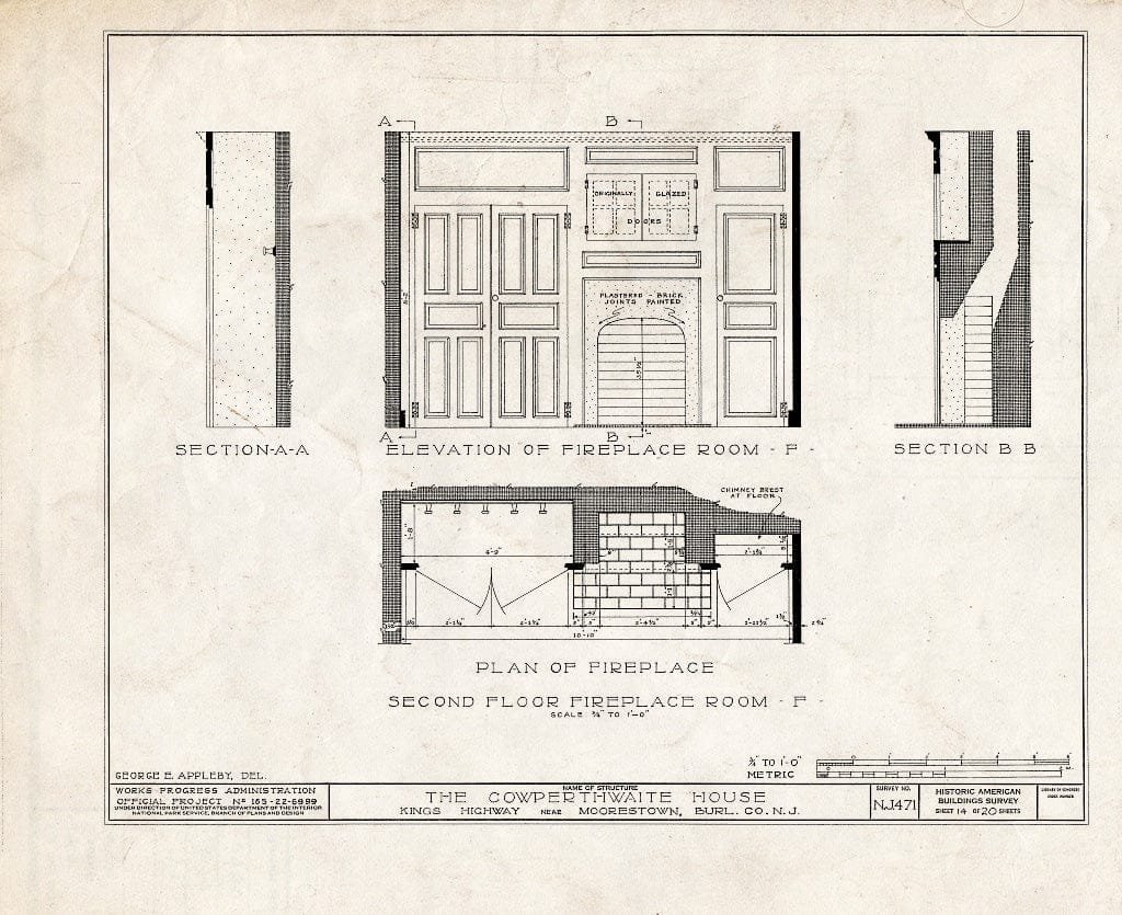 Historic Pictoric : Blueprint HABS NJ,3-MORTO.V,3- (Sheet 14 of 20) - Cowperthwaite House, King's Highway, Moorestown, Burlington County, NJ