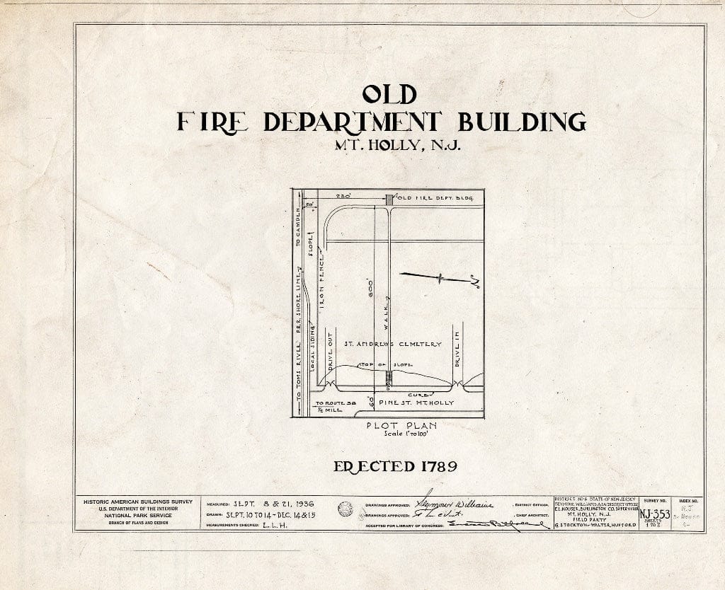 Historic Pictoric : Blueprint HABS NJ,3-MOUHO,9- (Sheet 0 of 2) - Old Fire Department Building, South Pine Street, Mount Holly, Burlington County, NJ
