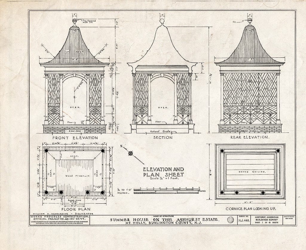 Historic Pictoric : Blueprint HABS NJ,3-MOUHO,12A- (Sheet 1 of 4) - Ashhurst Estate, Summer House, Garden Street, Mount Holly, Burlington County, NJ