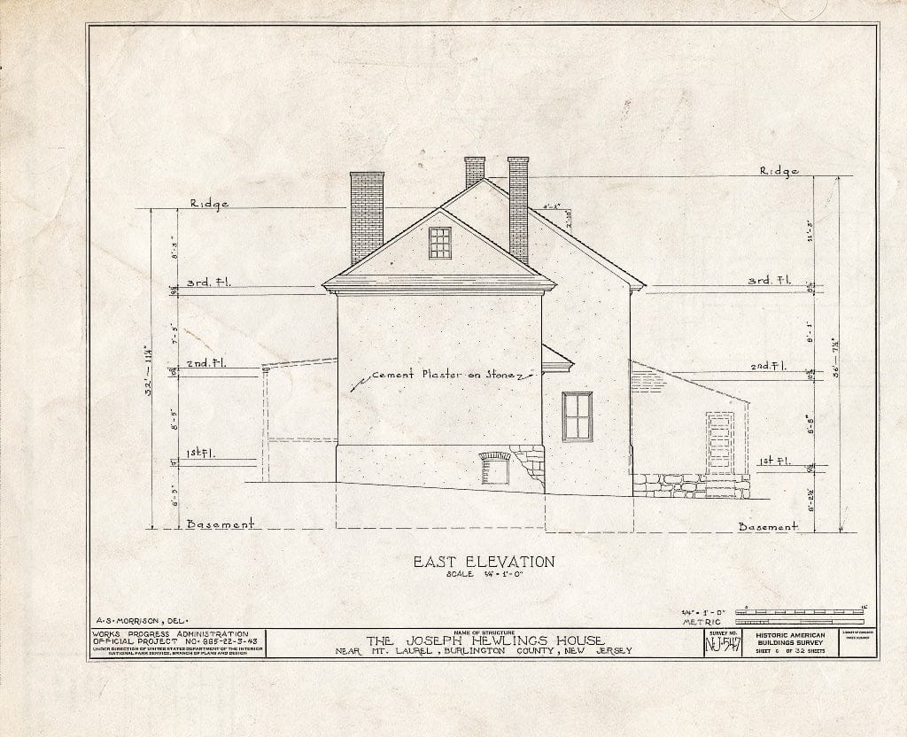 Historic Pictoric : Blueprint HABS NJ,3-MOULA.V,1- (Sheet 6 of 32) - Joseph Hewlings House, Mount Laurel, Burlington County, NJ