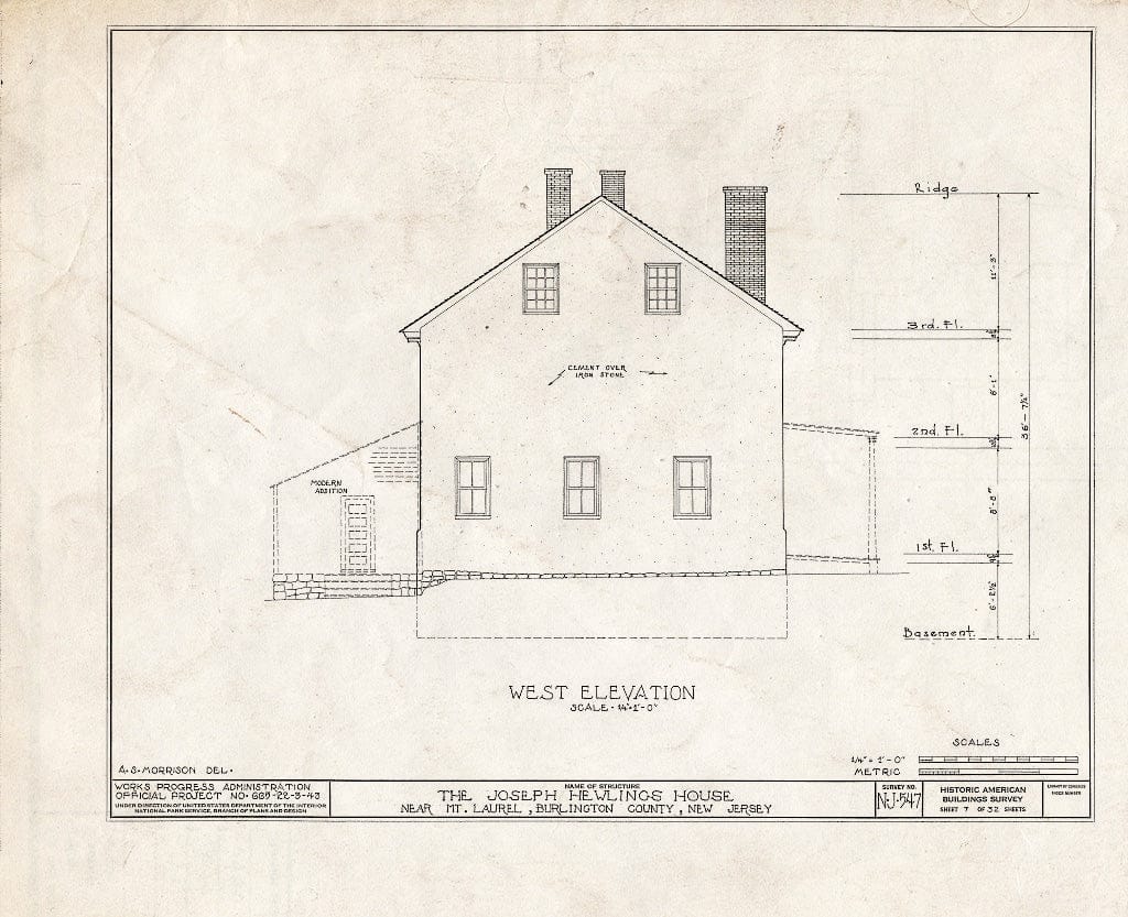 Historic Pictoric : Blueprint HABS NJ,3-MOULA.V,1- (Sheet 7 of 32) - Joseph Hewlings House, Mount Laurel, Burlington County, NJ