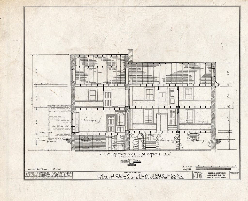 Historic Pictoric : Blueprint HABS NJ,3-MOULA.V,1- (Sheet 9 of 32) - Joseph Hewlings House, Mount Laurel, Burlington County, NJ