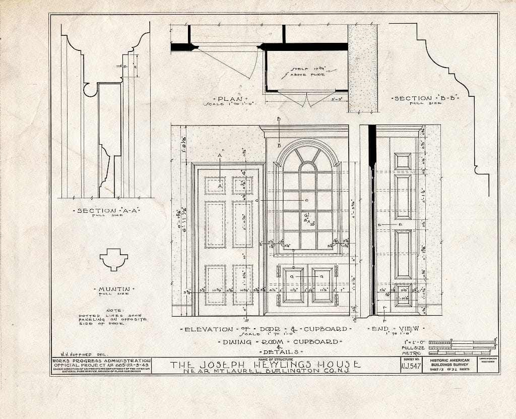 Historic Pictoric : Blueprint HABS NJ,3-MOULA.V,1- (Sheet 13 of 32) - Joseph Hewlings House, Mount Laurel, Burlington County, NJ
