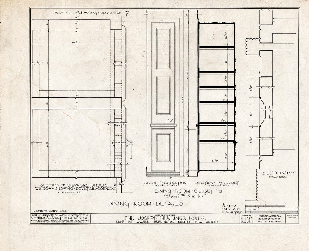 Historic Pictoric : Blueprint HABS NJ,3-MOULA.V,1- (Sheet 15 of 32) - Joseph Hewlings House, Mount Laurel, Burlington County, NJ
