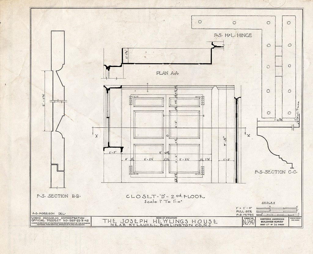 Historic Pictoric : Blueprint HABS NJ,3-MOULA.V,1- (Sheet 27 of 32) - Joseph Hewlings House, Mount Laurel, Burlington County, NJ