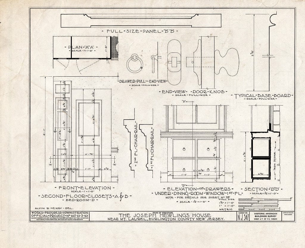 Historic Pictoric : Blueprint HABS NJ,3-MOULA.V,1- (Sheet 29 of 32) - Joseph Hewlings House, Mount Laurel, Burlington County, NJ