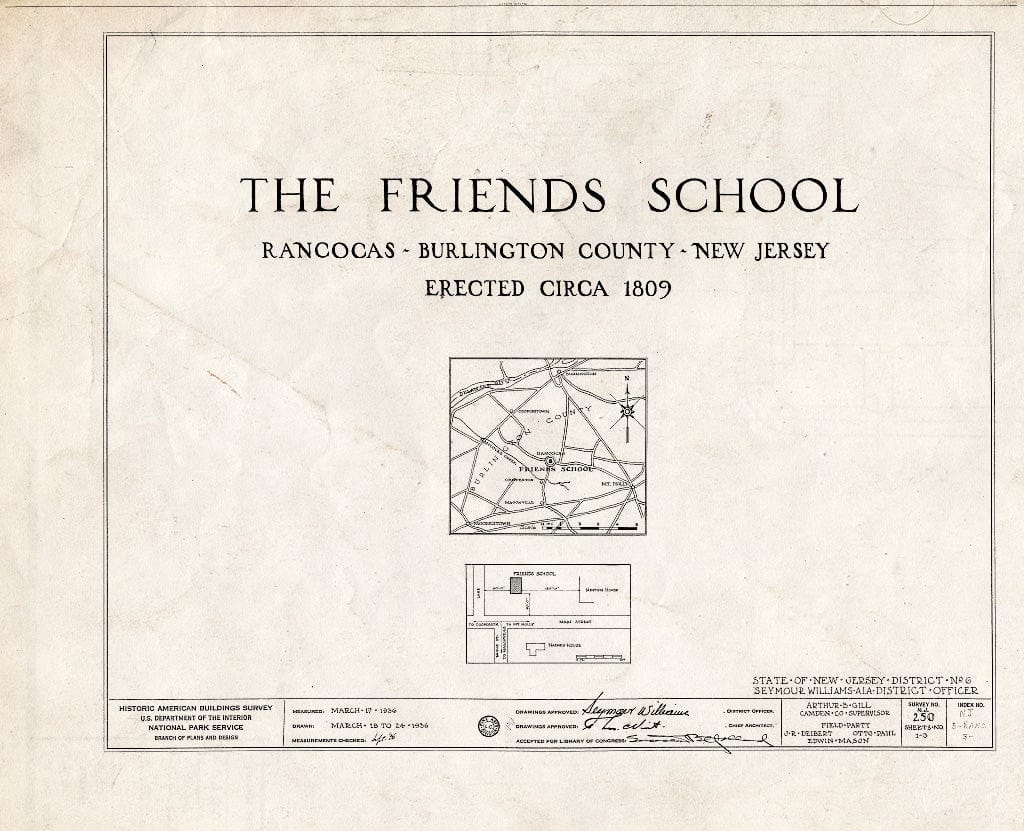 Historic Pictoric : Blueprint HABS NJ,3-RANC,3- (Sheet 0 of 3) - Friends School, Main Street, Rancocas, Burlington County, NJ