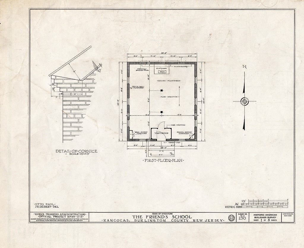 Historic Pictoric : Blueprint HABS NJ,3-RANC,3- (Sheet 1 of 3) - Friends School, Main Street, Rancocas, Burlington County, NJ