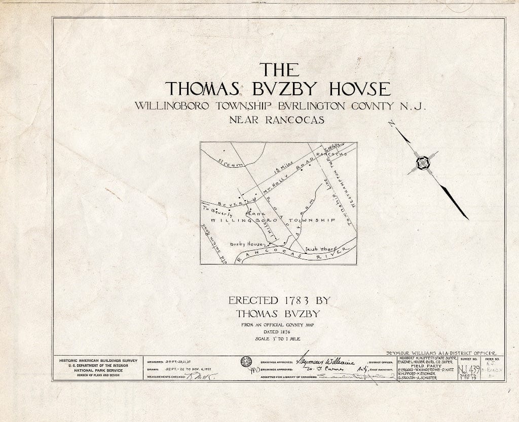 Historic Pictoric : Blueprint HABS NJ,3-RANC.V,2- (Sheet 0 of 19) - Thomas Buzby House, Rancocas River, Rancocas, Burlington County, NJ