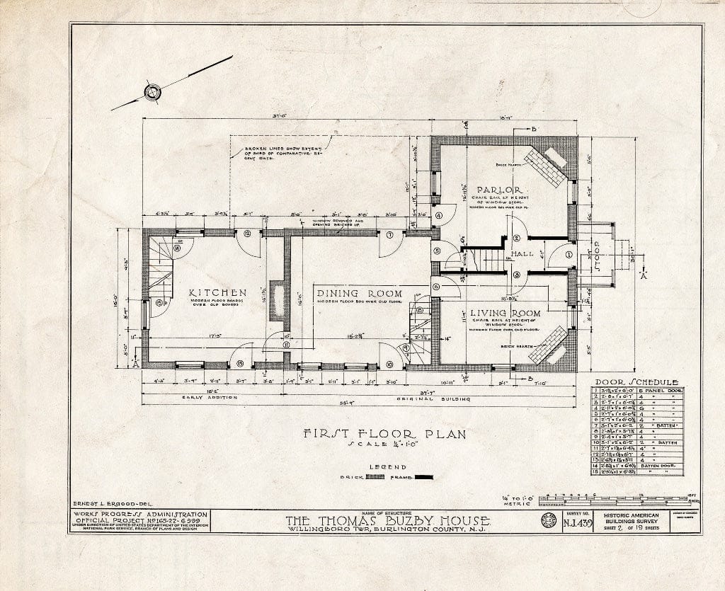 Historic Pictoric : Blueprint HABS NJ,3-RANC.V,2- (Sheet 2 of 19) - Thomas Buzby House, Rancocas River, Rancocas, Burlington County, NJ