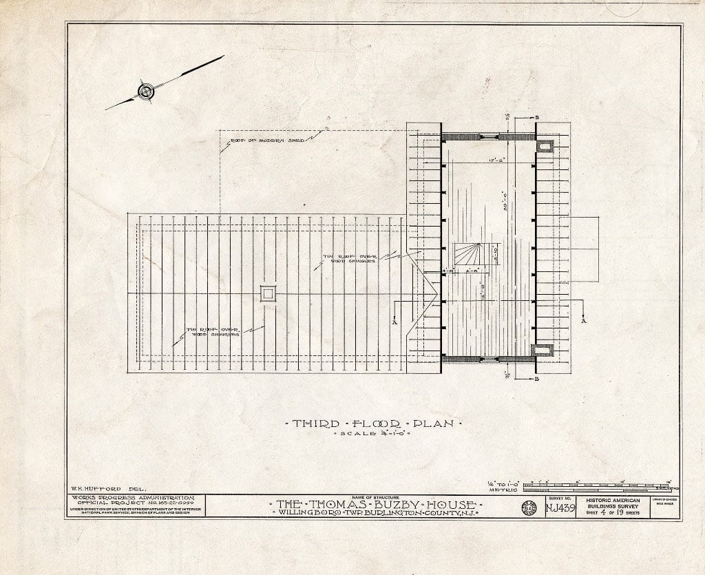 Historic Pictoric : Blueprint HABS NJ,3-RANC.V,2- (Sheet 4 of 19) - Thomas Buzby House, Rancocas River, Rancocas, Burlington County, NJ