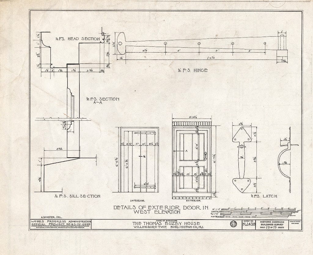 Historic Pictoric : Blueprint HABS NJ,3-RANC.V,2- (Sheet 19 of 19) - Thomas Buzby House, Rancocas River, Rancocas, Burlington County, NJ