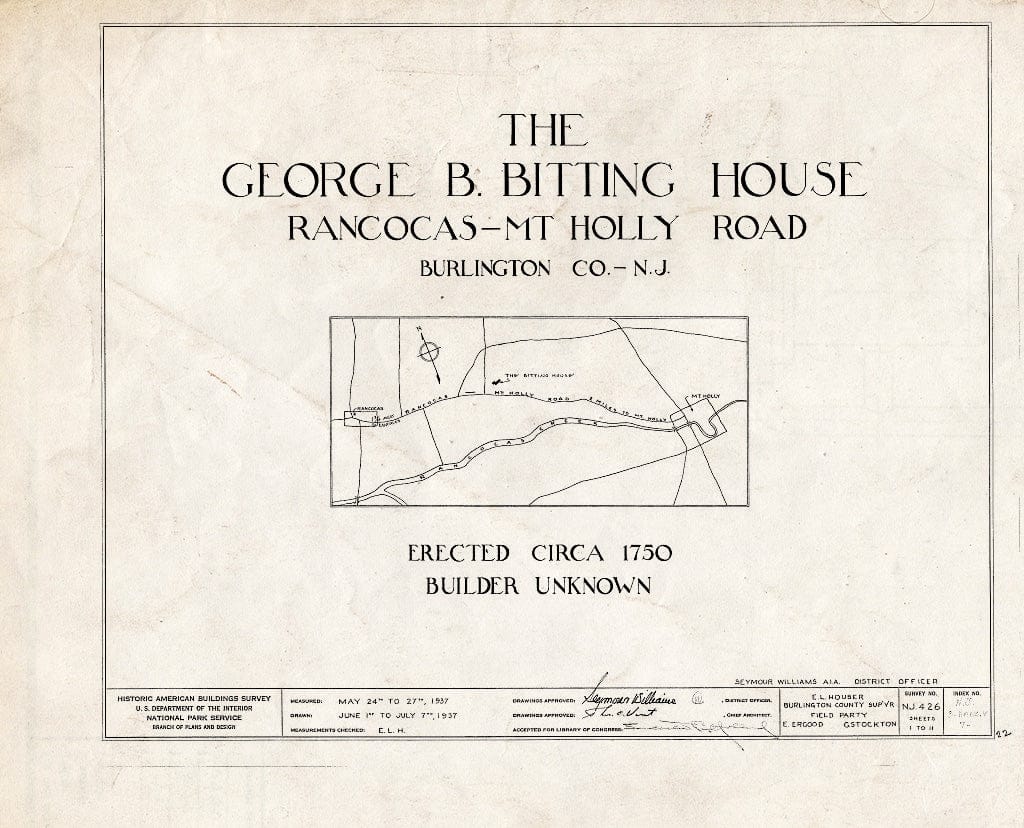 Historic Pictoric : Blueprint HABS NJ,3-RANC.V,7- (Sheet 0 of 11) - Rogers-Bitting House, Rancocas, Burlington County, NJ